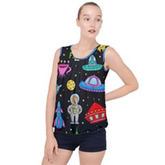 Seamless Pattern With Space Objects Ufo Rockets Aliens Hand Drawn Elements Space Bubble Hem Chiffon Tank Top