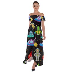 Seamless Pattern With Space Objects Ufo Rockets Aliens Hand Drawn Elements Space Off Shoulder Open Front Chiffon Dress