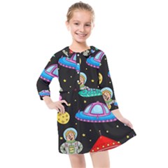Seamless Pattern With Space Objects Ufo Rockets Aliens Hand Drawn Elements Space Kids  Quarter Sleeve Shirt Dress