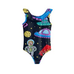 Seamless Pattern With Space Objects Ufo Rockets Aliens Hand Drawn Elements Space Kids  Frill Swimsuit