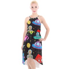 Seamless Pattern With Space Objects Ufo Rockets Aliens Hand Drawn Elements Space High-Low Halter Chiffon Dress 