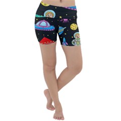 Seamless Pattern With Space Objects Ufo Rockets Aliens Hand Drawn Elements Space Lightweight Velour Yoga Shorts