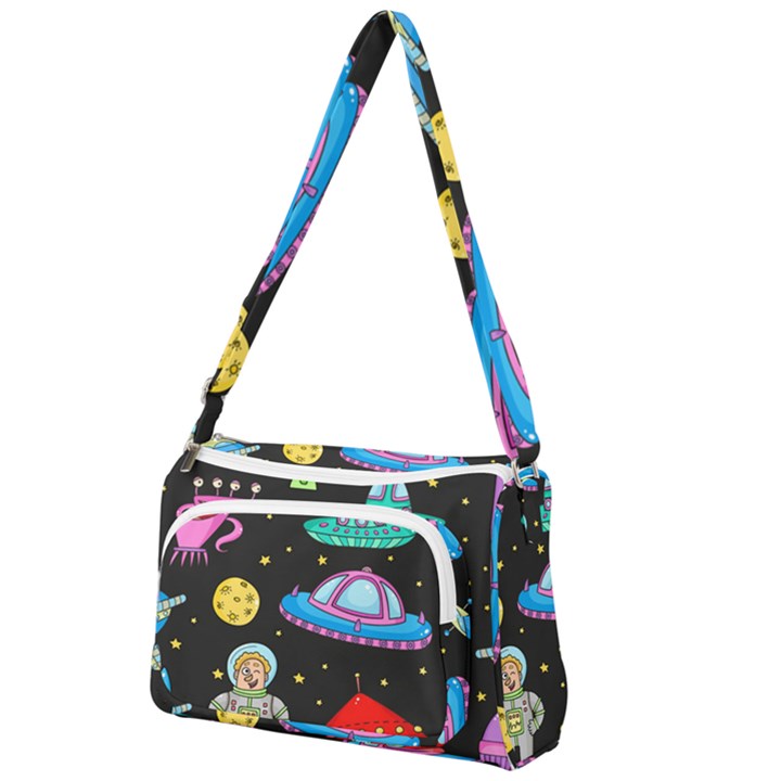 Seamless Pattern With Space Objects Ufo Rockets Aliens Hand Drawn Elements Space Front Pocket Crossbody Bag