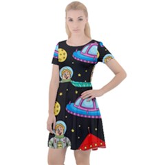 Seamless Pattern With Space Objects Ufo Rockets Aliens Hand Drawn Elements Space Cap Sleeve Velour Dress 