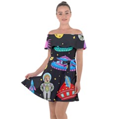 Seamless Pattern With Space Objects Ufo Rockets Aliens Hand Drawn Elements Space Off Shoulder Velour Dress