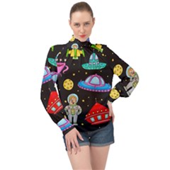 Seamless Pattern With Space Objects Ufo Rockets Aliens Hand Drawn Elements Space High Neck Long Sleeve Chiffon Top