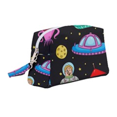 Seamless Pattern With Space Objects Ufo Rockets Aliens Hand Drawn Elements Space Wristlet Pouch Bag (Medium)