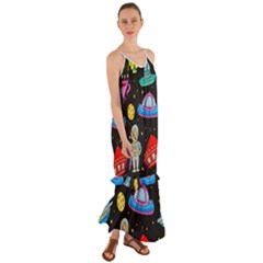 Seamless Pattern With Space Objects Ufo Rockets Aliens Hand Drawn Elements Space Cami Maxi Ruffle Chiffon Dress