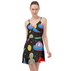 Seamless Pattern With Space Objects Ufo Rockets Aliens Hand Drawn Elements Space Summer Time Chiffon Dress