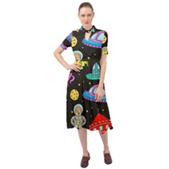 Seamless Pattern With Space Objects Ufo Rockets Aliens Hand Drawn Elements Space Keyhole Neckline Chiffon Dress