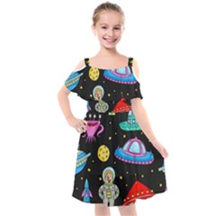 Seamless Pattern With Space Objects Ufo Rockets Aliens Hand Drawn Elements Space Kids  Cut Out Shoulders Chiffon Dress