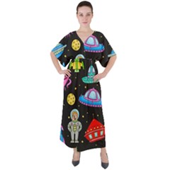 Seamless Pattern With Space Objects Ufo Rockets Aliens Hand Drawn Elements Space V-neck Boho Style Maxi Dress by Hannah976