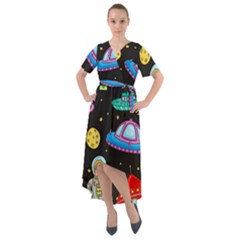 Seamless Pattern With Space Objects Ufo Rockets Aliens Hand Drawn Elements Space Front Wrap High Low Dress