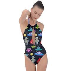 Seamless Pattern With Space Objects Ufo Rockets Aliens Hand Drawn Elements Space Plunge Cut Halter Swimsuit