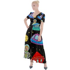 Seamless Pattern With Space Objects Ufo Rockets Aliens Hand Drawn Elements Space Button Up Short Sleeve Maxi Dress