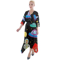 Seamless Pattern With Space Objects Ufo Rockets Aliens Hand Drawn Elements Space Quarter Sleeve Wrap Front Maxi Dress