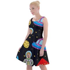 Seamless Pattern With Space Objects Ufo Rockets Aliens Hand Drawn Elements Space Knee Length Skater Dress