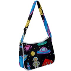 Seamless Pattern With Space Objects Ufo Rockets Aliens Hand Drawn Elements Space Zip Up Shoulder Bag