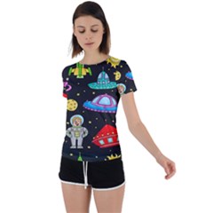 Seamless Pattern With Space Objects Ufo Rockets Aliens Hand Drawn Elements Space Back Circle Cutout Sports T-Shirt