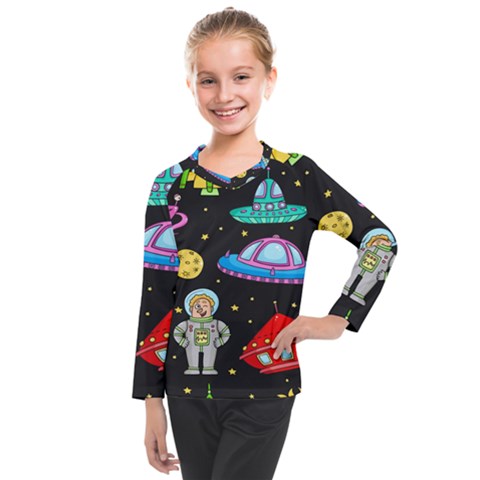 Seamless Pattern With Space Objects Ufo Rockets Aliens Hand Drawn Elements Space Kids  Long Mesh T-shirt by Hannah976