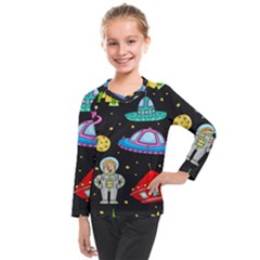Seamless Pattern With Space Objects Ufo Rockets Aliens Hand Drawn Elements Space Kids  Long Mesh T-Shirt