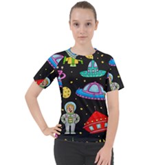 Seamless Pattern With Space Objects Ufo Rockets Aliens Hand Drawn Elements Space Women s Sport Raglan T-Shirt