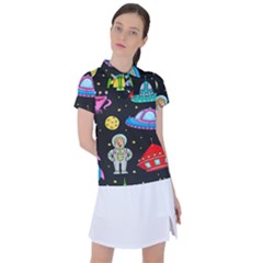 Seamless Pattern With Space Objects Ufo Rockets Aliens Hand Drawn Elements Space Women s Polo T-Shirt