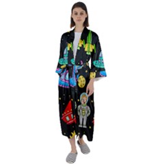 Seamless Pattern With Space Objects Ufo Rockets Aliens Hand Drawn Elements Space Maxi Satin Kimono