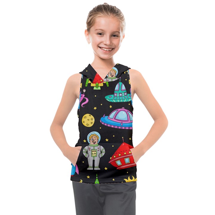 Seamless Pattern With Space Objects Ufo Rockets Aliens Hand Drawn Elements Space Kids  Sleeveless Hoodie