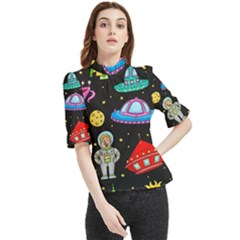 Seamless Pattern With Space Objects Ufo Rockets Aliens Hand Drawn Elements Space Frill Neck Blouse