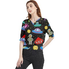 Seamless Pattern With Space Objects Ufo Rockets Aliens Hand Drawn Elements Space Quarter Sleeve Blouse