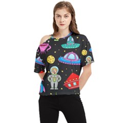 Seamless Pattern With Space Objects Ufo Rockets Aliens Hand Drawn Elements Space One Shoulder Cut Out T-Shirt