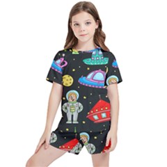 Seamless Pattern With Space Objects Ufo Rockets Aliens Hand Drawn Elements Space Kids  T-Shirt And Sports Shorts Set