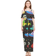 Seamless Pattern With Space Objects Ufo Rockets Aliens Hand Drawn Elements Space Draped Sleeveless Chiffon Jumpsuit