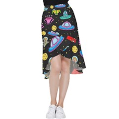 Seamless Pattern With Space Objects Ufo Rockets Aliens Hand Drawn Elements Space Frill Hi Low Chiffon Skirt