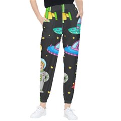 Seamless Pattern With Space Objects Ufo Rockets Aliens Hand Drawn Elements Space Women s Tapered Pants