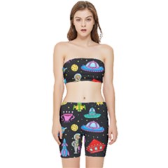 Seamless Pattern With Space Objects Ufo Rockets Aliens Hand Drawn Elements Space Stretch Shorts and Tube Top Set