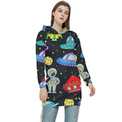 Seamless Pattern With Space Objects Ufo Rockets Aliens Hand Drawn Elements Space Women s Long Oversized Pullover Hoodie