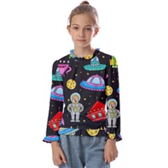 Seamless Pattern With Space Objects Ufo Rockets Aliens Hand Drawn Elements Space Kids  Frill Detail T-Shirt