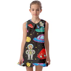 Seamless Pattern With Space Objects Ufo Rockets Aliens Hand Drawn Elements Space Kids  Pilgrim Collar Ruffle Hem Dress