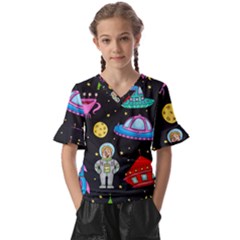 Seamless Pattern With Space Objects Ufo Rockets Aliens Hand Drawn Elements Space Kids  V-Neck Horn Sleeve Blouse