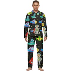 Seamless Pattern With Space Objects Ufo Rockets Aliens Hand Drawn Elements Space Men s Long Sleeve Velvet Pocket Pajamas Set