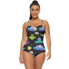 Seamless Pattern With Space Objects Ufo Rockets Aliens Hand Drawn Elements Space Retro Full Coverage Swimsuit by Hannah976