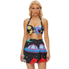 Seamless Pattern With Space Objects Ufo Rockets Aliens Hand Drawn Elements Space Vintage Style Bikini Top and Skirt Set 