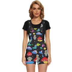 Seamless Pattern With Space Objects Ufo Rockets Aliens Hand Drawn Elements Space Short Overalls