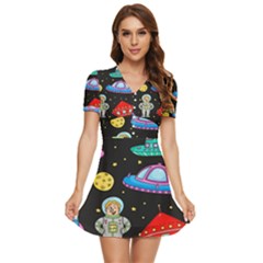 Seamless Pattern With Space Objects Ufo Rockets Aliens Hand Drawn Elements Space V-Neck High Waist Chiffon Mini Dress