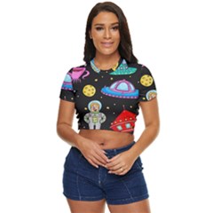 Seamless Pattern With Space Objects Ufo Rockets Aliens Hand Drawn Elements Space Side Button Cropped T-Shirt