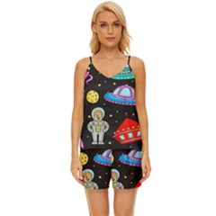 Seamless Pattern With Space Objects Ufo Rockets Aliens Hand Drawn Elements Space V-Neck Satin Pajamas Set