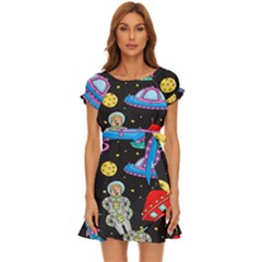 Seamless Pattern With Space Objects Ufo Rockets Aliens Hand Drawn Elements Space Puff Sleeve Frill Dress