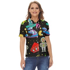 Seamless Pattern With Space Objects Ufo Rockets Aliens Hand Drawn Elements Space Women s Short Sleeve Double Pocket Shirt